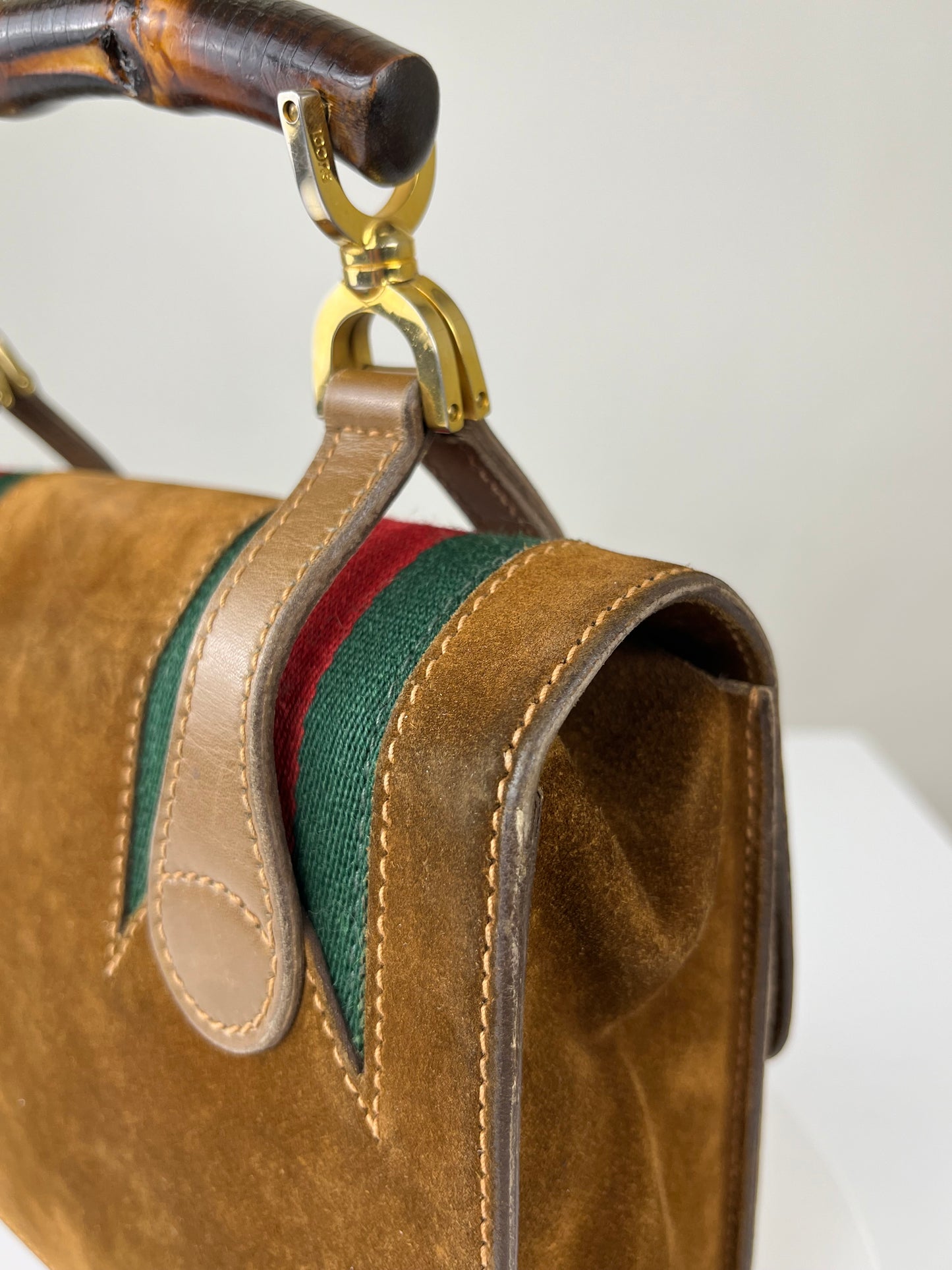 Rare Museum Vintage 1960s/1970s Gucci Suede Bamboo Handle Bag