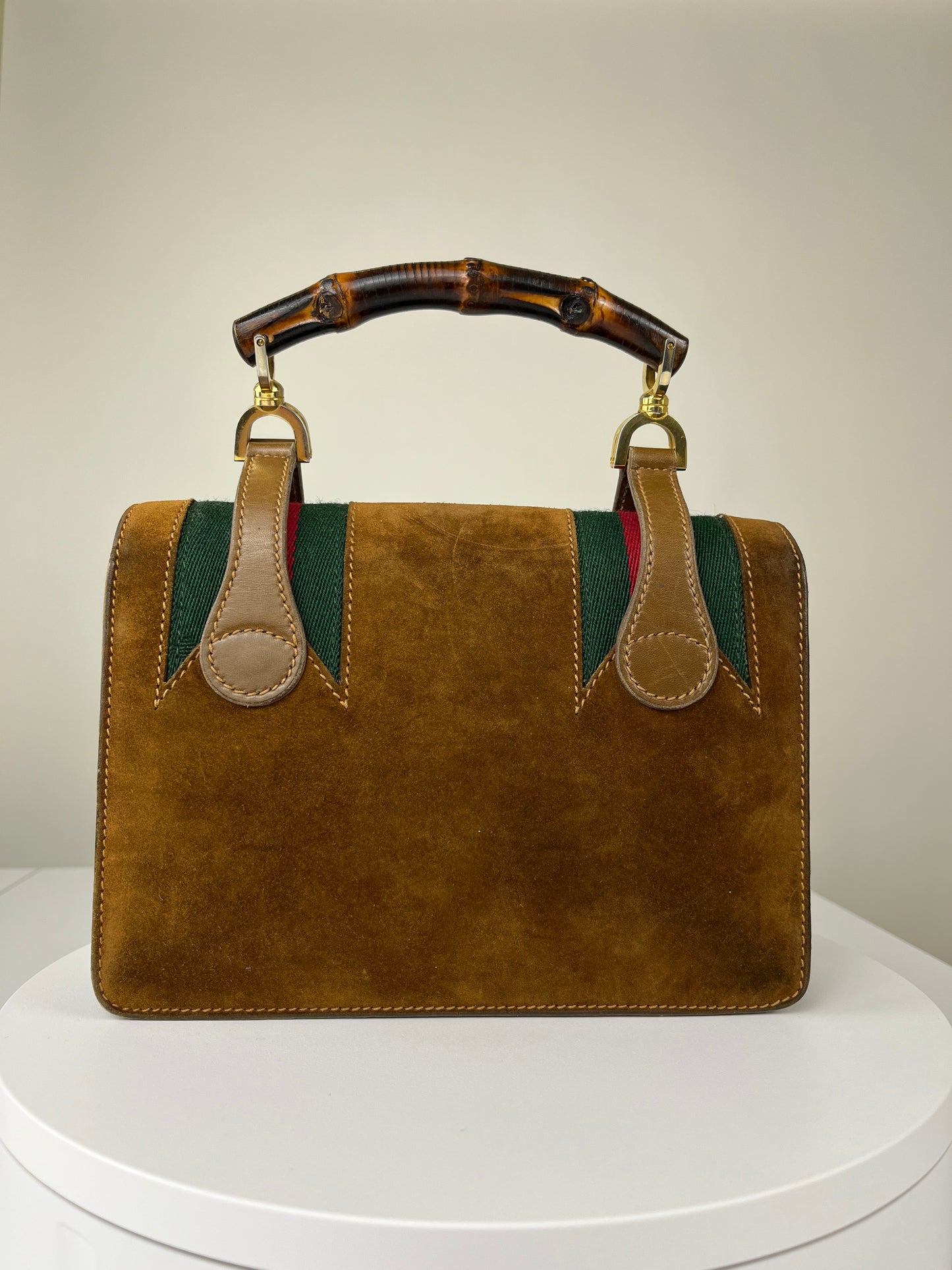 Rare Museum Vintage 1960s/1970s Gucci Suede Bamboo Handle Bag