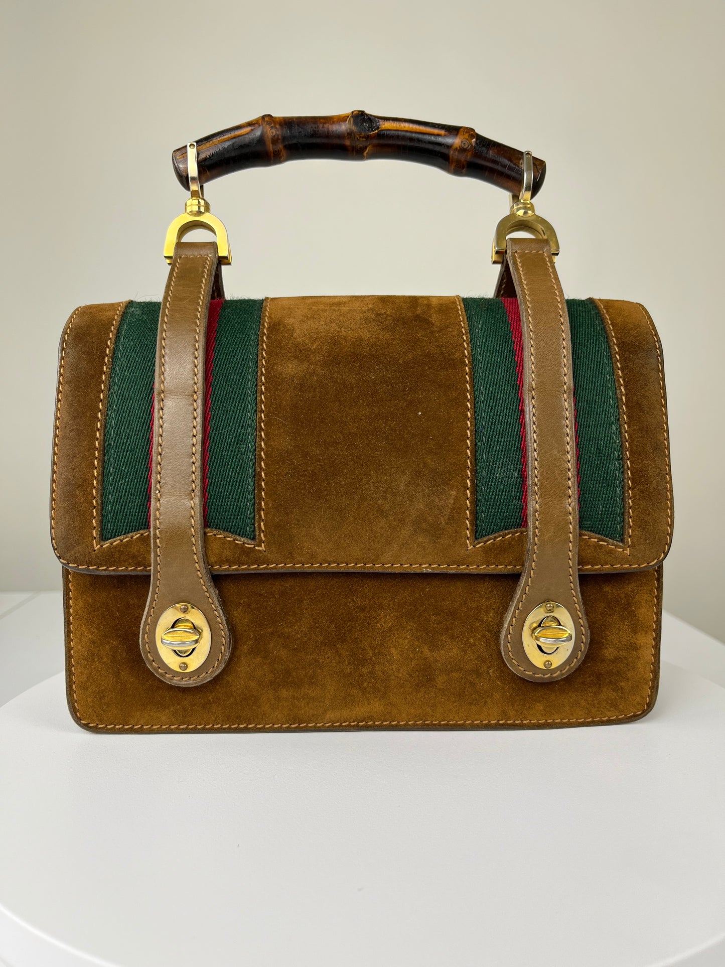 Rare Museum Vintage 1960s/1970s Gucci Suede Bamboo Handle Bag