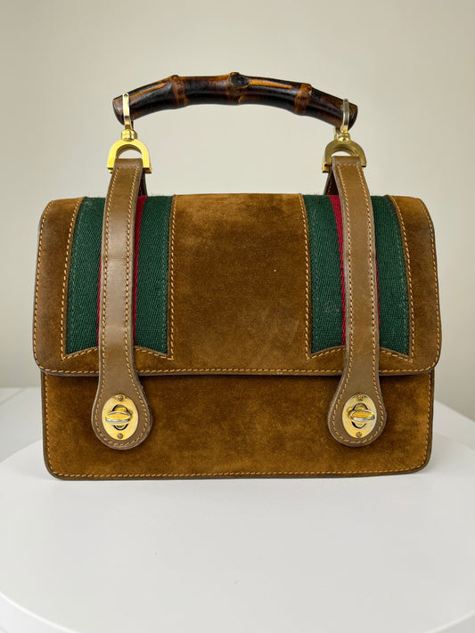 Rare Museum Vintage 1960s/1970s Gucci Suede Bamboo Handle Bag